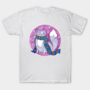 Smart Witch Cat in a Blue and Bronze Scarf T-Shirt